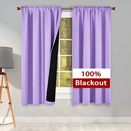 KEQIAOSUOCAI 100% Blackout Lavender Purple Curtain Panels with Black Lined for Bedroom -Light Purple Thermal Insulated Noise Blocking Out Rod Pocket Drapes for Living Room(1 Pair 42 x 63 Inch Length)