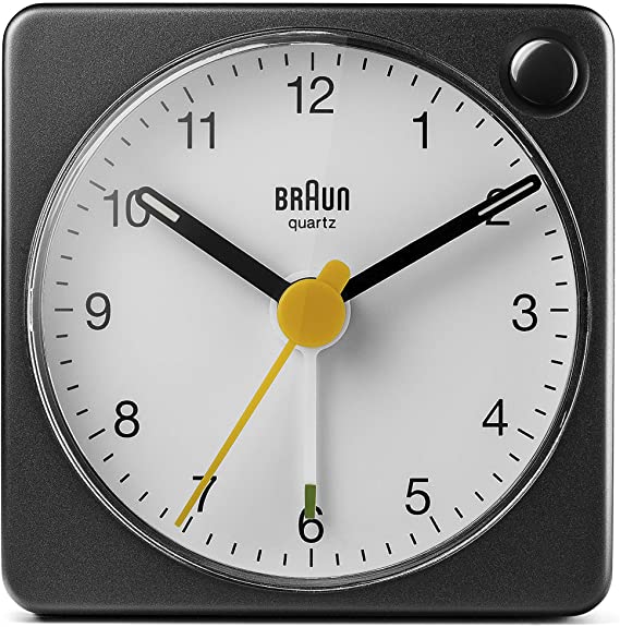 Braun Classic Travel Analogue Alarm Clock with Snooze and Light, Compact Size, Quiet Quartz Movement, Crescendo Beep Alarm in Black and White, Model BC02XBW.