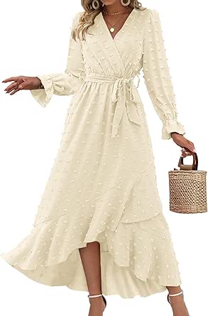 BTFBM Women's Boho Cocktail Maxi Dress 2024 Fall Fashion V Neck Swiss Dot Long Sleeve Flowy Slit Wedding Party Dresses