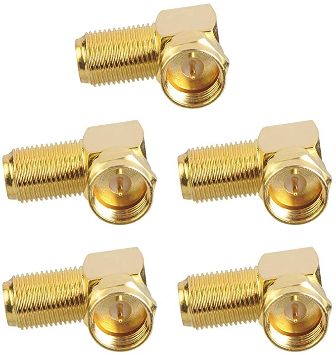 VCE 5-Pack 90 Degree Coaxial Connector, Right Angle F-Type RG6 Male to Female Adapter Gold Plated