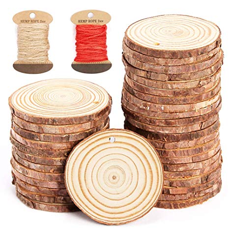 Unfinished Wood Pieces Slices Natural Round DIY Wood Blank Ornaments Bulk Christmas Crafts Supplies for Kids with Pre-drilled Hole for Christmas Ornaments to Paint Decoration 30 Pcs 2.4"-2.8"