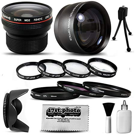 Canon PowerShot SX40 HS SX30 SX20 SX10 SX1 Ultimate 15 Piece lens Kit Package Includes 0.20X Super Wide Angle Fisheye lens, 5 PC Close-Up Set ( 1,  2, 4 with 10X Macro Lens) , 2.2x HD AF Telephoto Lens   3 Piece Pro Filter Kit (UV, CPL, FLD)   Tube Adapter   Deluxe Lens Cleaning Kit   LCD Screen Protectors   Mini Tripod   47stphoto Microfiber Cloth Photo Print !