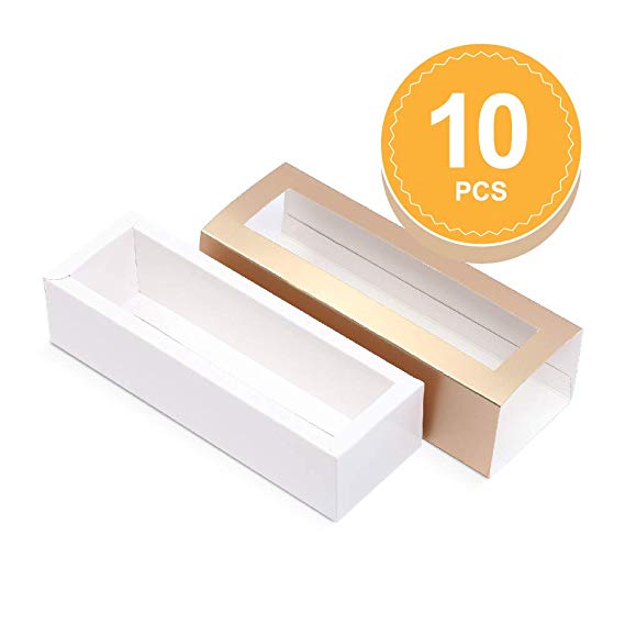 BAKIPACK Macaron Boxes for 6 Macarons (Pack of 10) Gold Macaron Boxes with Interior Meament 7.25" x 1.8" x 1.75" Macarons Box with Clear Window (without Macaron inside)
