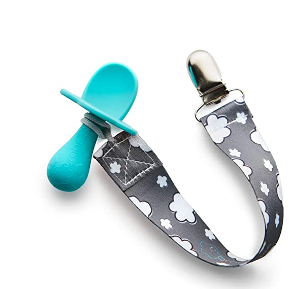 Grabease Silicone Baby Training Spoon and Chewable Toy   Pacifier Clip. Ergonomic Easy-Grip Handle and Choke Protection Barrier. BPA-Free, Phthalate-Free. Self-Feeding Toddler Spoons (Teal)
