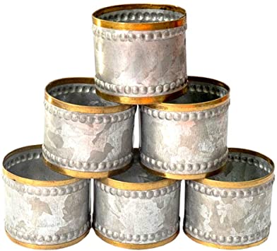 Kaizen Casa Gold Rim Galvanized Metal 1.75 x 1.75 Inch Napkin Rings, Set of 6 – Silver Napkin Rings for Banquets, Family Dinners, Special Events and Table Décor