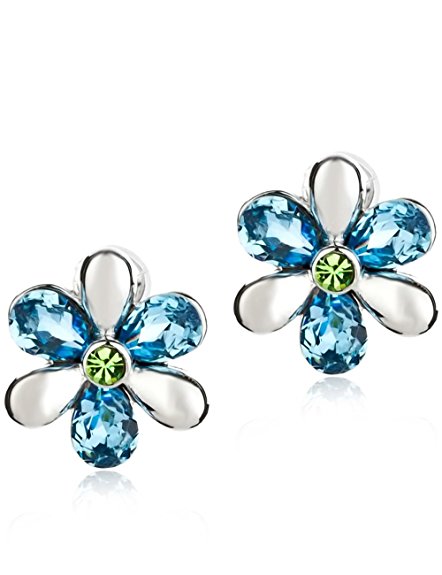 Neoglory Jewelry Platinum Plated Crystal Blue Petal and Green Stamen Flower Stud Earrings