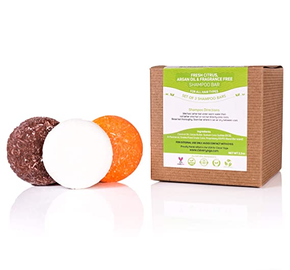 Shampoo Bars for All Hair Types - Perfect Travel Bar Shampoo for Hair - Vegan Solid Shampoo Bar for Full and Frizz Free Hair by Clever Yoga (Fresh Citrus, Argan Oil, Unscented 3bars)