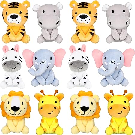 12 Pcs Mini Stuffed Forest Animals Plush Bulk Jungle Animal 4 Inch Cute Plush Elephant Lion Giraffe Tiger Hippo Zebra for Birthday Gift Themed Party Decoration Teacher Student Award