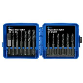 Drill Tap Set with Quick-Change Adapter of 13Pcs, 6 SAE Sizes: 6-32NC to 1/4-20NC, 6 Metric Sizes: M3 to M10,Suitable for Drilling Tapping Threading Countersinking