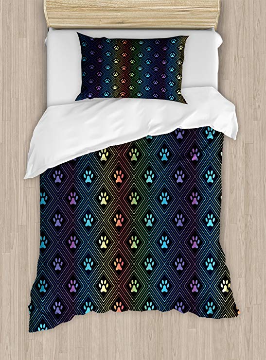 Ambesonne Dog Lover Duvet Cover Set Twin Size, Paw Print Pattern with Diamond Shaped Rhombus Shapes Design Geometric Arrangement, Decorative 2 Piece Bedding Set with 1 Pillow Sham, Multicolor