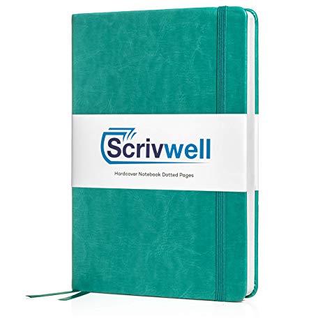 Scrivwell Dotted A5 Hardcover Notebook - 240 Dotted Pages with Elastic Band, Two Ribbon Page Markers, 100 GSM Paper, Pocket Folder - Great for Bullet journaling (Teal)