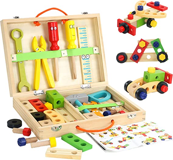 Construction Toys for 3 Year Old, Wooden Tools Box Building Toys for 3  Easter Gifts for 3 4 5 Year Old Boys Girls