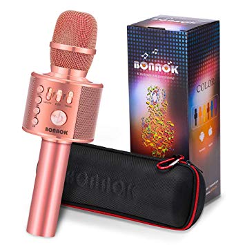 BONAOK Bluetooth Wireless Karaoke Microphones,Portable Handheld Karaoke Mic Home Party Birthday Speaker Machine for Chrismas/Party/New Year/iPhone/Android/iPad/PC and All Smartphone (Rose Gold Plus)