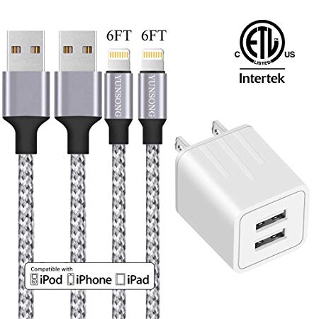 iPhone Charger, YUNSONG Nylon Braided Lightning Cable 2Pack 6ft Data Sync Transfer Cord 2-USB Rapid Charging Plug Wall Charger(ETL Listed) Compatible with iPhone Xs MAX XR X 8 7 6S 6 Plus 5S SE iPad