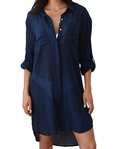 Bsubseach Women Embroidered Half/Long Sleeve Swimsuit Cover Up Mini Beach Dress