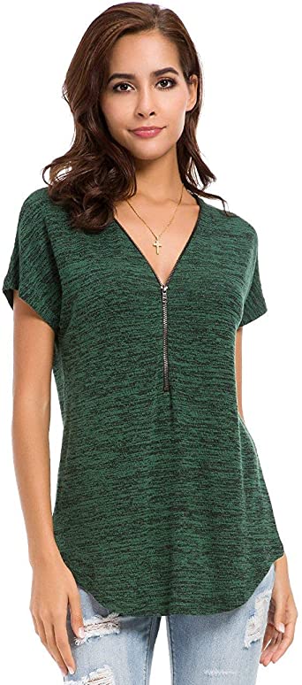 LUSMAY Womens Loose Fitting Zip Up Deep V Neck Short Sleeve Tops Tunic Casual T Shirts Blouse