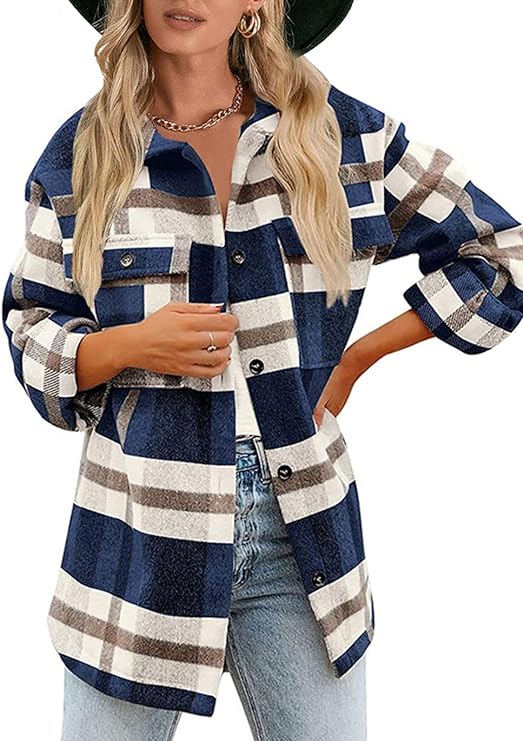 Haellun Womens Wool Blend Plaid Flannel Button Down Shirts Jacket Shacket Coats