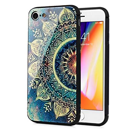 iPhone 8 Case, iPhone 7 Case, Clear Tempered Glass Back Cover and Soft TPU Frame Extreme Shockproof Heavy Duty Cover Shell Case Full Body Protection Skin for iPhone 7, iPhone 8, Green Mandala