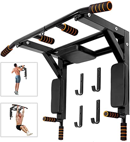 Odoland Wall Mounted Pull Up Bar and Dip Station, Chin Up Bar Dip Stands Compact Power Tower Set for Indoor Home Gym Workout, Multifunctional Fitness Training Equipment Supports to 440 Lbs