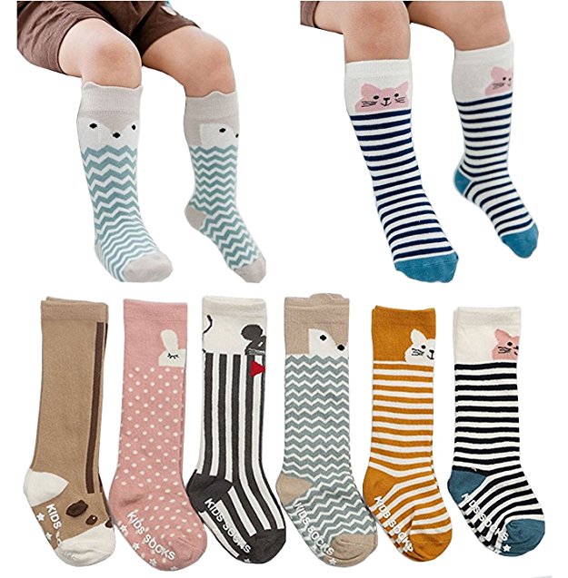 Toddler Socks, Non Skid Cotton Socks Baby Boys Girls Knee High Socks 6-Pairs