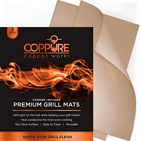 Coppure BBQ Grill Mat- Set of 2 Nonstick Copper Mats - Reusable and Easy to Clean- Great for Grilling or Baking Works on Grills Oven and More- FDA Approved