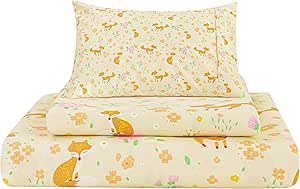 Viviland Kids Twin Sheet Set - Boys Girls Yellow Twin Sheet Set - Kids Toddlers Twin Microfiber Fitted Sheets and Pillowcase - Fox and Flower Printed