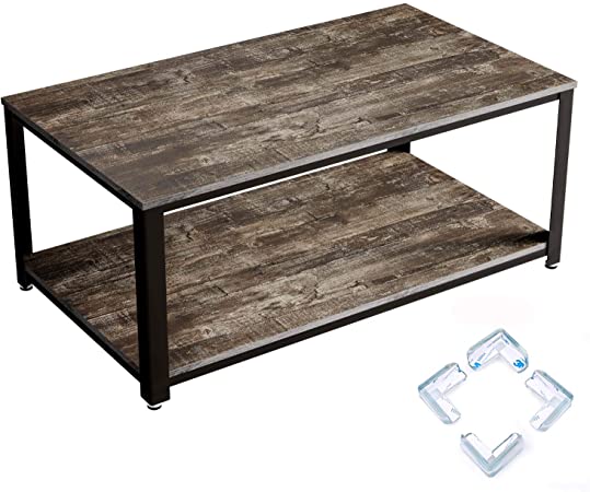 Rolanstar Rustic Coffee Table with Corner Protectors, Storage Organizer Shelves and Retro Metal Frame for Living Room, Rustic Gray