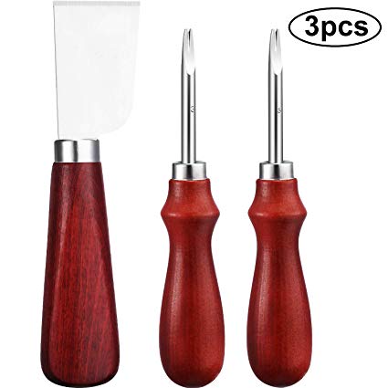 2 Sizes Leather Edge Beveler and 1 Piece Leather Cutting Knife, Leather Edge Skiving Knife Wood Handle Leather Tools for DIY Leather Craft (1.5 mm, 1.0 mm)