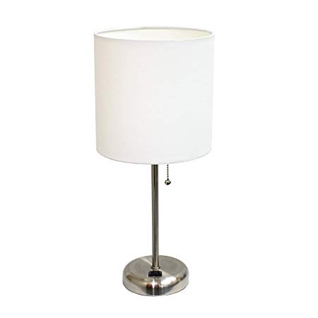 Limelights Stick Lamp with Charging Outlet and Fabric Shade Brushed Steel/White/Contemporary