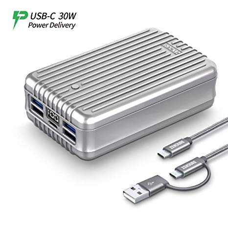 30W Power Delivery USB-C PD Power Bank，Zendure A8PD 26800mAh Portable Phone Charger (5-Port Output, LED Digital Screen,) Quick Charge External Battery Pack for Nintendo Switch, Smart Phones - Silver