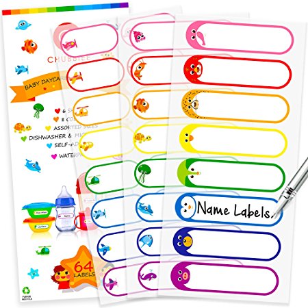 Baby Bottle Labels for Daycare, Durable Write-On Stickers, Waterproof, Assorted Sizes & Colors, Pack of 64