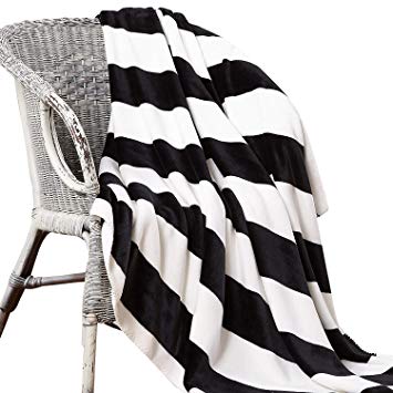 NTBAY Minimalism Series Throw Blankets Double-Layered Flannel Plush Velvety Super Soft Cozy Warm with Black and White Printed Pattern(70"x 78", Stripe)