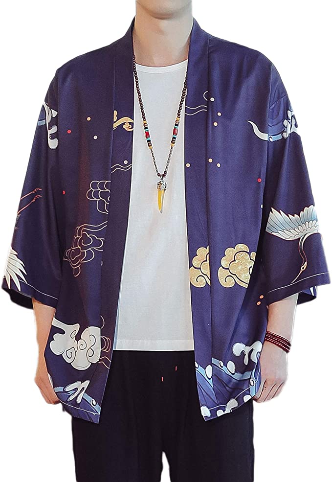 PRIJOUHE Men's Lightweight Kimono Jacket Seven Sleeve Open Front Cardigan Coat Japanese Style Bathrobe