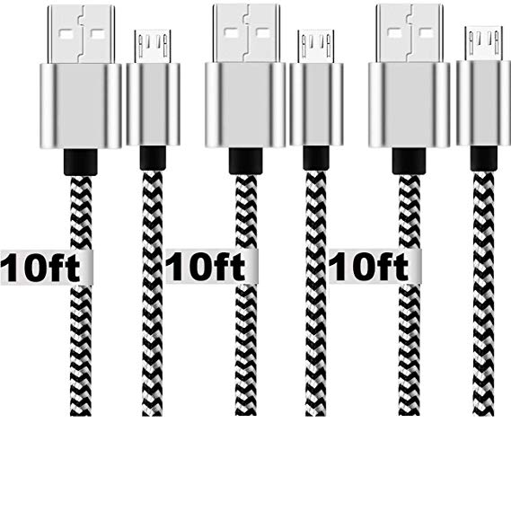 Micro USB Cable Android Charger Cable Fast Charge, 3 Pack 10FT Long USB Cable Micro USB Charging Cables Nylon Braided USB Micro Cable Cord for Kindle Fire,Samsung Galaxy S7/Tablet,LG,PS4(Black-White)