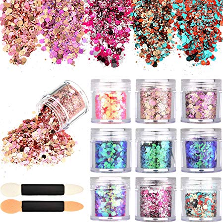 Tatuo 10 Boxes Nail Chunky Glitter Sequins Iridescent Flakes Cosmetic Paillette Ultra-thin Tips with 10 Pieces Eyeshadow Brushes for Face Body Hair Nails (Color Set 1)