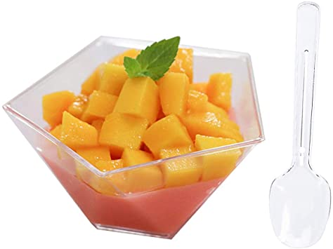 Foraineam 80-Pack Dessert Cups with 100 Spoons 3.7 oz. Clear Plastic Parfait Cups Disposable Reusable Diamond-shape Appetizer Cup Serving Bowls for Parties, Weddings and More