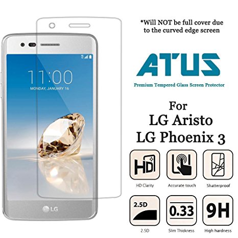 LG Aristo Screen Protector, Also Compatible with LG Phoenix 3, LG K8 2017, ATUS Ultra-Thin Tempered Glass Screen Protector, Not Full Cover (2-Pack)