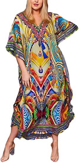 Bsubseach Women's Print Turkish Kaftan Beachwear Bikini Cover Up Maxi Dress