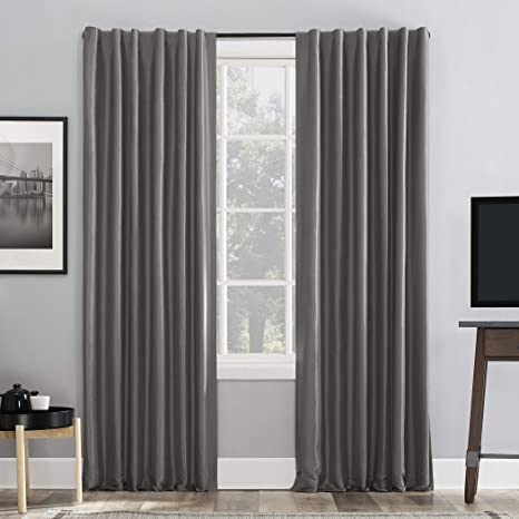 Sun Zero Greyson Faux Dupioni Silk Extreme 100% Blackout Back Tab Curtain Panel, 50" x 63", Gray