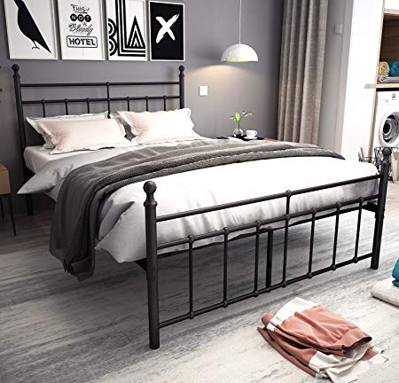 Metal Bed Frame Full Size with black ball Headboard and Footboard The country style Iron-Art Double Bed The Metal Structure, Matte black Baking Paint.Sturdy Metal Frame Premium Steel Slat Support.