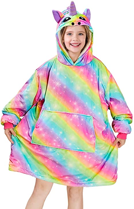 Beinou Unicorn Hooded Blanket Sweatshirt Oversized Rainbow Pullover Hoodie Blanket Soft Fluffy Fleece Wearable Hoody with Large Pocket Gifts for Kids Girls