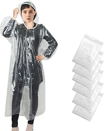 Rain Poncho for Adults, 6 Pack Disposable Raincoats with Drawstring Hood and Elastic Sleeve Ends, 100% Waterproof for Theme Parks, Hiking, Camping, Travel White