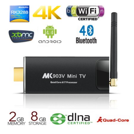 UPPEL MK903V Rk3288 Android 4.4 TV Box 4K Quad Core Mini Pc&HDMI Streaming Stick, 2GB RAM/8GB ROM, Dual Band External Wifi 2.4GHz/5GHz 4k x 2k Streaming Media Player HDMI2.0 Bluetooth 4.0 Smart TV Stick