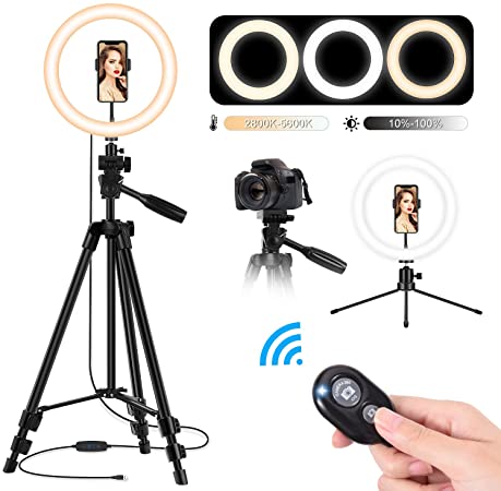 10'' LED Selfie Ring Light with Tripod Stand and Phone Holder, TBJSM Dimmable Desktop Circle Light for Makeup/Photography/YouTube Video Shooting, Compatible with Phones and Cameras (2Pcs Tripod Stand)
