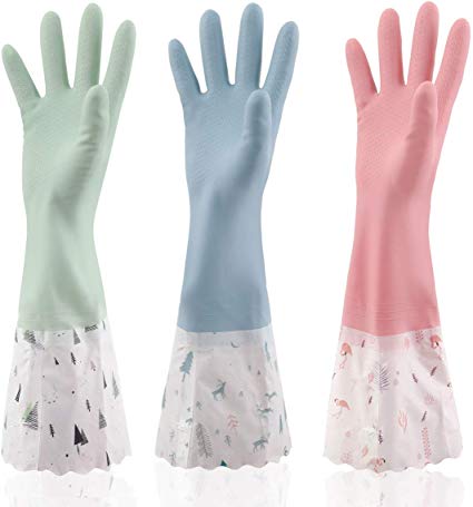 Reusable Waterproof Household Rubber Cleaning Gloves, Long Cuff, Dishwashing Gloves 3-Pairs (Large, 3 Colors)