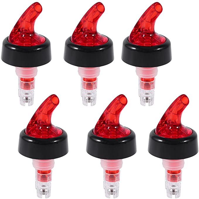 Measure Liquor Pourer, 1 OZ Plastic Measured Liquor Pourer Auto Measuring Shot Chamber Pourer Pour Spout Stopper for Liquor Wine (Red, pack of 6)