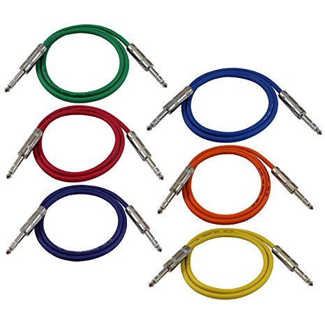 GLS Audio 3ft Patch Cable Cords - 1/4" TRS To 1/4" TRS Color Cables - 3' Balanced Snake Cord - 6 PACK