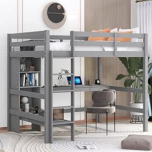 Harper & Bright Designs Full Size Loft Bed with Desk and Storage Shelves, Solid Wood Loft Bed Frame for Kids Teens Adults -Gray