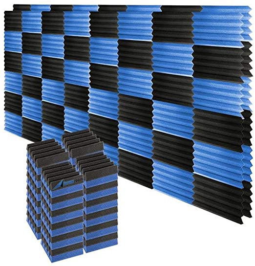 Arrowzoom New 96 Pack of 9.8 X 9.8 X 1.9 Inches Black and Blue Soundproofing Insulation Wedge Acoustic Wall Foam Padding Studio Foam Tiles AZ1134 (BLACK & BLUE)