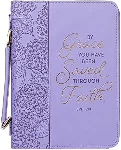 Christian Art Gifts Faux Leather Fashion Bible Cover for Women: by Grace You Have Been Saved - Ephesians 2:8 Inspirational Bible Verse, Hydrangea Lavender-Purple, Medium